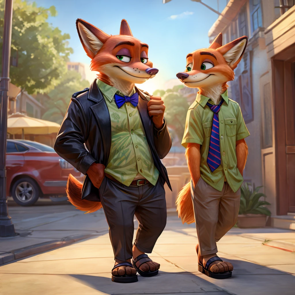 Nick Wilde melts Hawaiian,black jacket, green shirt with bow tie, and khaki trousers, brown heeled sandals, digital art, ((perfect face)), ((Best quality)), ((masterpiece))