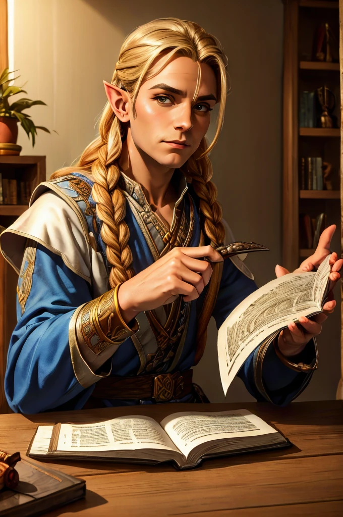 magical bracers, a large curved blade, hair braided, A sword is on the table in front of him, a 40-year-old Male Elf is sitting behind a table filled with papers and open books the background an office or a library with lots of papers and maps on the wall. He is wearing a Taoist cleric robe. There is a sword on the table.
