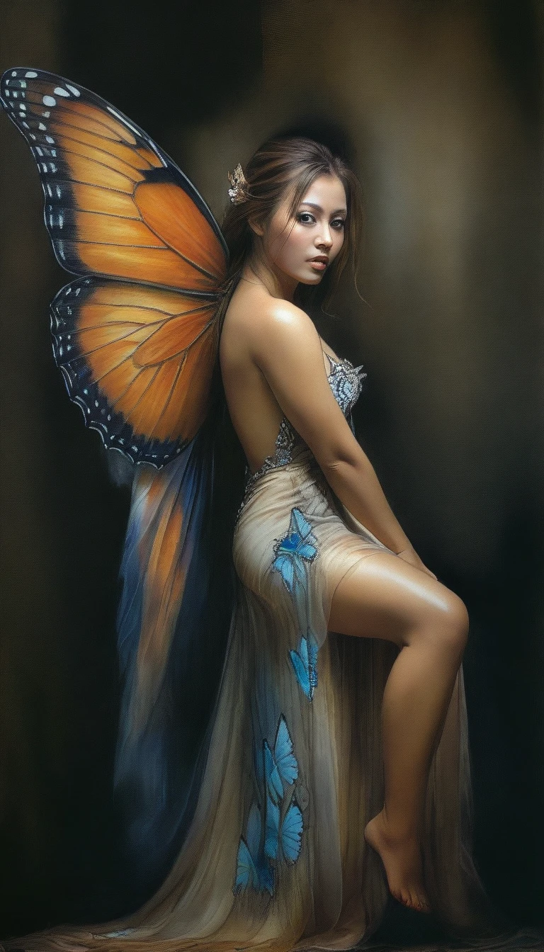 Pintura digital ultrarrealista de una bella mujer con alas de mariposa emergiendo de un fondo oscuro, iluminación espectacular y colores vibrantes, patrones y diseños intrincados en el vestido y las alas, muy detallado y realista al estilo de los artistas de fantasía Luis Royo y Yoshitaka Amano