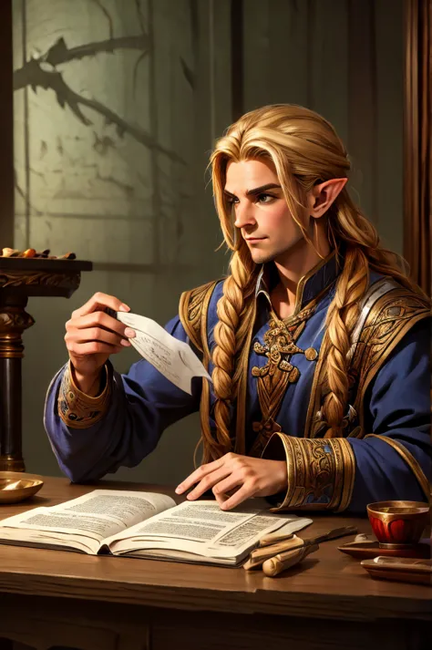 magical bracers, a large curved blade, hair braided, A sword is on the table in front of him, a 40-year-old Male Elf is sitting ...