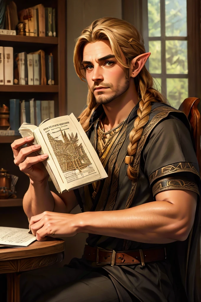 magical bracers, a large curved blade, hair braided, A sword is on the table in front of him, a 40-year-old Male Elf is sitting behind a table filled with papers and open books the background an office or a library with lots of papers and maps on the wall. He is wearing a Taoist cleric robe. There is a sword on the table.
