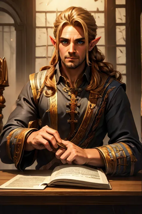 magical bracers, a large curved blade, hair braided, A sword is on the table in front of him, a 40-year-old Male Elf is sitting ...