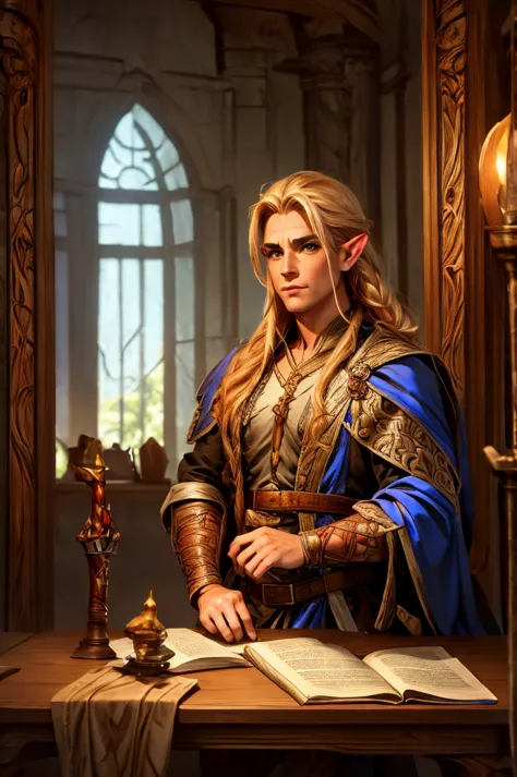 magical bracers, a large curved blade, hair braided, a sword is on the table in front of him, a 40-year-old male elf is sitting ...