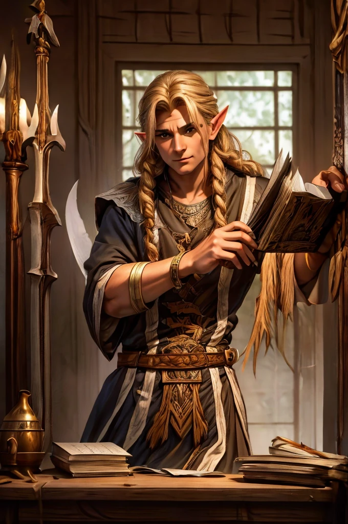 magical bracers, a large curved blade, hair braided, A sword is on the table in front of him, a 40-year-old Male Elf is sitting behind a table filled with papers and open books the background an office or a library with lots of papers and maps on the wall. He is wearing a Taoist cleric robe. There is a sword on the table.
