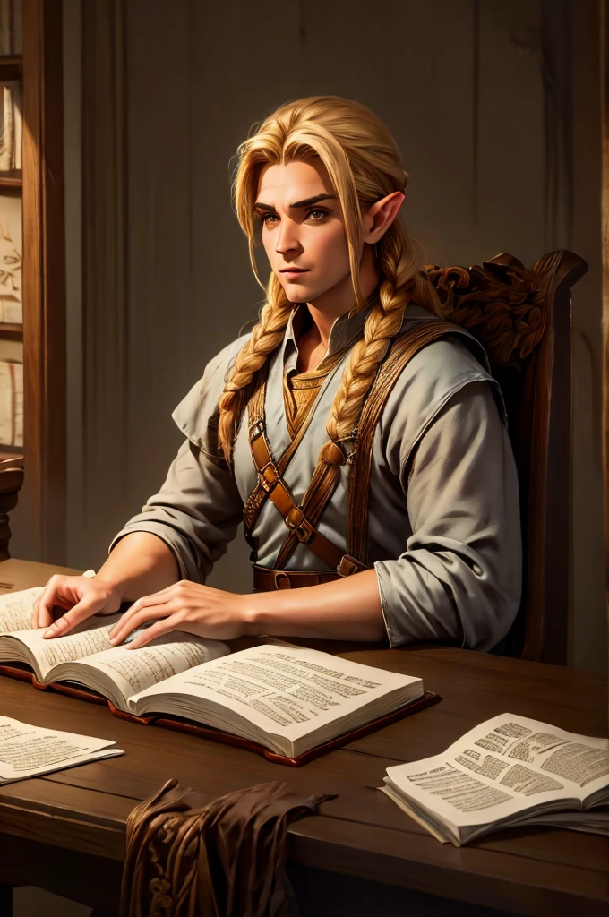 magical bracers, a large curved blade, hair braided, A sword is on the table in front of him, a 40-year-old Male Elf is sitting behind a table filled with papers and open books the background an office or a library with lots of papers and maps on the wall. He is wearing a Taoist cleric robe. There is a sword on the table.
