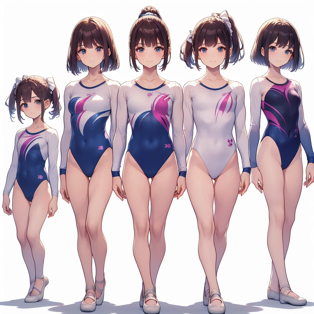 Gymnastics club,(4 girls:1.3),(long sleeves leotard:1.3),full body, bob cuts hair, long hair, (over 16 years old, under 19 years old:1.2), ballet shoes, white background
