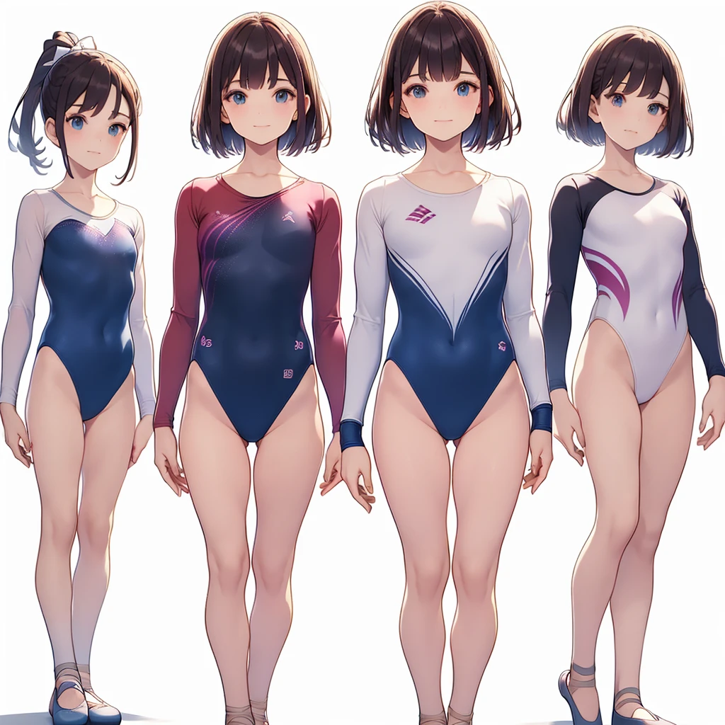 club de gimnasia,(4 chicas:1.3),(maillot de manga larga:1.3),cuerpo completo, bob corta el pelo, pelo largo, (encima , menos de 1:1.2), zapatillas de ballet, Fondo blanco
