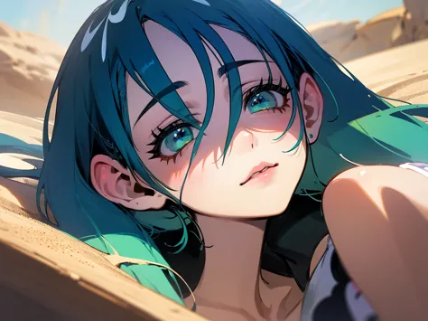 a girl in the desert, blue haired anime girl, hatsune miku, detailed face, beautiful detailed eyes, beautiful detailed lips, ext...