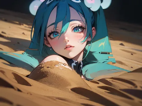 a girl in the desert, blue haired anime girl, hatsune miku, detailed face, beautiful detailed eyes, beautiful detailed lips, ext...