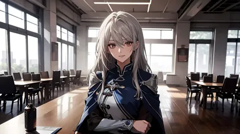 (confused, high resolution, very detailed), 1 female, silver hair,long hair,reddish brown eyes,blue and black pilot suit,24th ge...