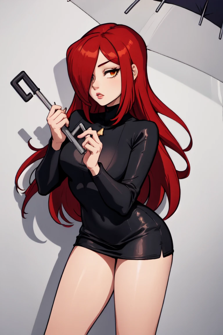 masterpiece, high quality, best quality, high resolution, volumetric light, vibrant colors, fantasy, art book, anime coloring, CG, parasoul, 1girl, solo, long red hair, black clothes, holding umbrella, 1 long umbrella, in combat, movement, very short dress, elegant, background on a recording set, fencing pose, focus on face, dynamic camera, striking a shadow