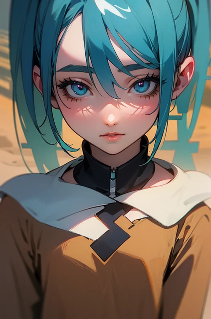 a girl in the desert, blue haired anime girl, hatsune miku, detailed face, beautiful detailed eyes, beautiful detailed lips, extremely detailed eyes and face, long eyelashes, ghost miku, desert landscape, golden sand, sand planet, project voltage, hyper detailed, 4k, 8k, highres, masterpiece, ultra-detailed, realistic, photorealistic, photo-realistic, HDR, UHD, studio lighting, ultra-fine painting, sharp focus, physically-based rendering, extreme detail description, professional, vivid colors, bokeh