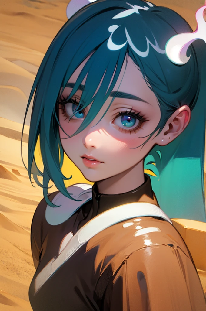 a girl in the desert, blue haired anime girl, hatsune miku, detailed face, beautiful detailed eyes, beautiful detailed lips, extremely detailed eyes and face, long eyelashes, ghost miku, desert landscape, golden sand, sand planet, project voltage, hyper detailed, 4k, 8k, highres, masterpiece, ultra-detailed, realistic, photorealistic, photo-realistic, HDR, UHD, studio lighting, ultra-fine painting, sharp focus, physically-based rendering, extreme detail description, professional, vivid colors, bokeh