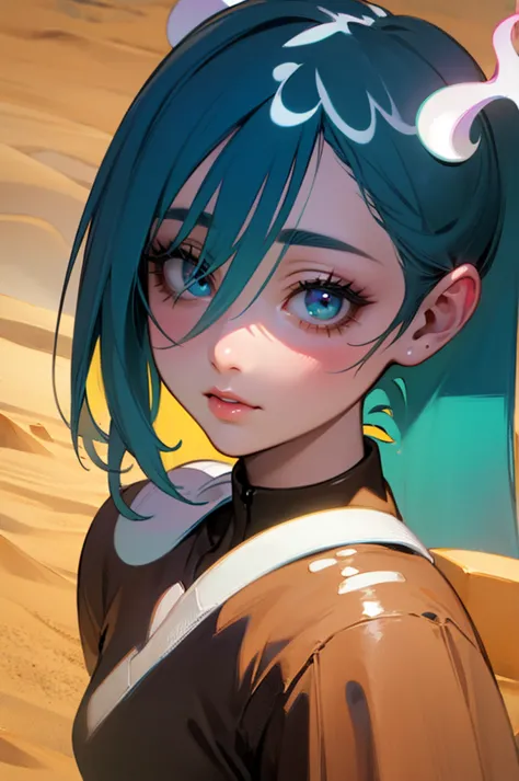 a girl in the desert, blue haired anime girl, hatsune miku, detailed face, beautiful detailed eyes, beautiful detailed lips, ext...