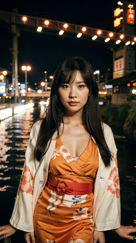 osaka city reference, city street with a river and a bridge at night and cruiser ship at middle of river, japanese city at night, japanese neon signs, japan at night, japanese city, glowing light, Bird eye view: A woman looking at the river、yukata、young woman、Japanese、cute、