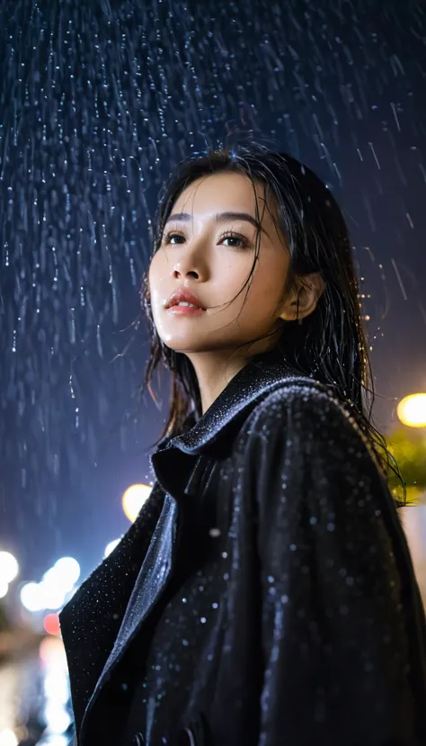 A low angle shot photo of an asian young woman looking at the camera, black coat, night, pouring heavy rain, long raindrops, lon...