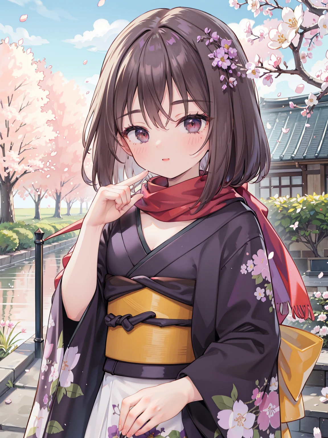 Extremely detailed CG unified 8k wallpaper, Very beautiful 8KCG wallpaper, ， ，best quality ，Ultra Detailed ，Pretty Face  ，masterpiece、Top quality ，best quality ，Ultra Detailed ，Pretty Face、masterpiece、Top quality、scarf、Kanzaki Sumi、cup、violet flower、Cherry Blossoms、Taisho cityscape