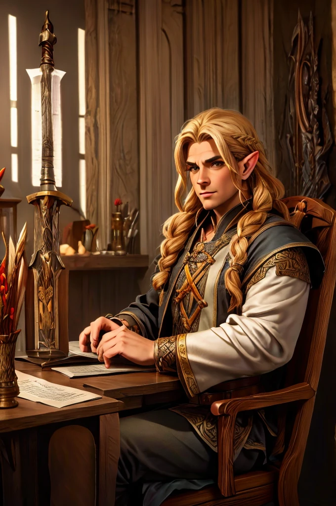 magical bracers, a large curved blade, hair braided, A sword on the wall behind him, a 40-year-old Male Elf is sitting behind a table filled with papers and open books the background an office or a library with lots of papers and maps on the wall. He is wearing a Taoist cleric robe. There is a sword on the wall behind him.
