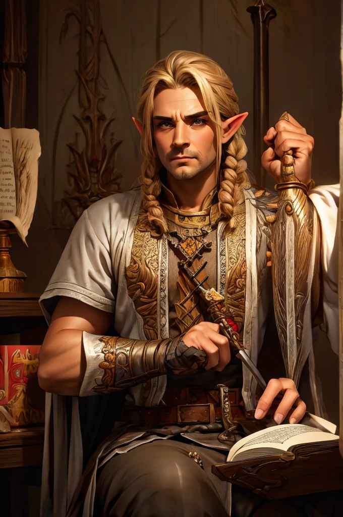 magical bracers, a large curved blade, hair braided, A sword on the wall behind him, a 40-year-old Male Elf is sitting behind a table filled with papers and open books the background an office or a library with lots of papers and maps on the wall. He is wearing a Taoist cleric robe. There is a sword on the wall behind him.
