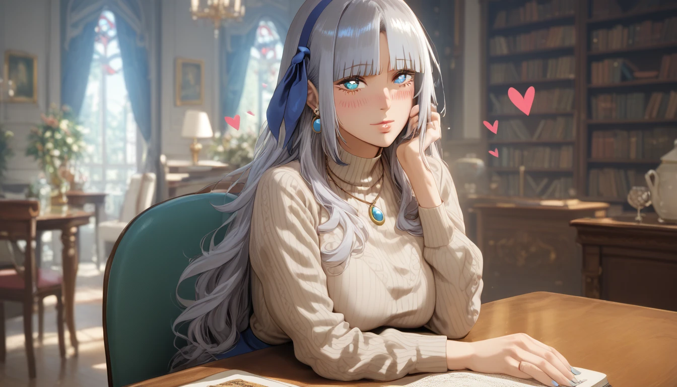 score_9, score_8_up, score_7_up, score_6_up, uncensored, mylene, long hair, silver hair, blue hairband, blue eyes, necklace, BREAK (masterpiece:1.2), best quality, high resolution, (detailed eyes:1.3), perfect lighting, (perfect hands, perfect anatomy), large breasts, hearts, pleasured, solo, blurry, 1girl, depth_of_field, earrings, blurry_background, breasts, jewelry, bookshelf, indoors, table, sweater, solo, looking_at_viewer, blurry_foreground, long_sleeves, closed_mouth, pantyhose, hand_on_own_cheek, breast_rest, ribbed_sweater