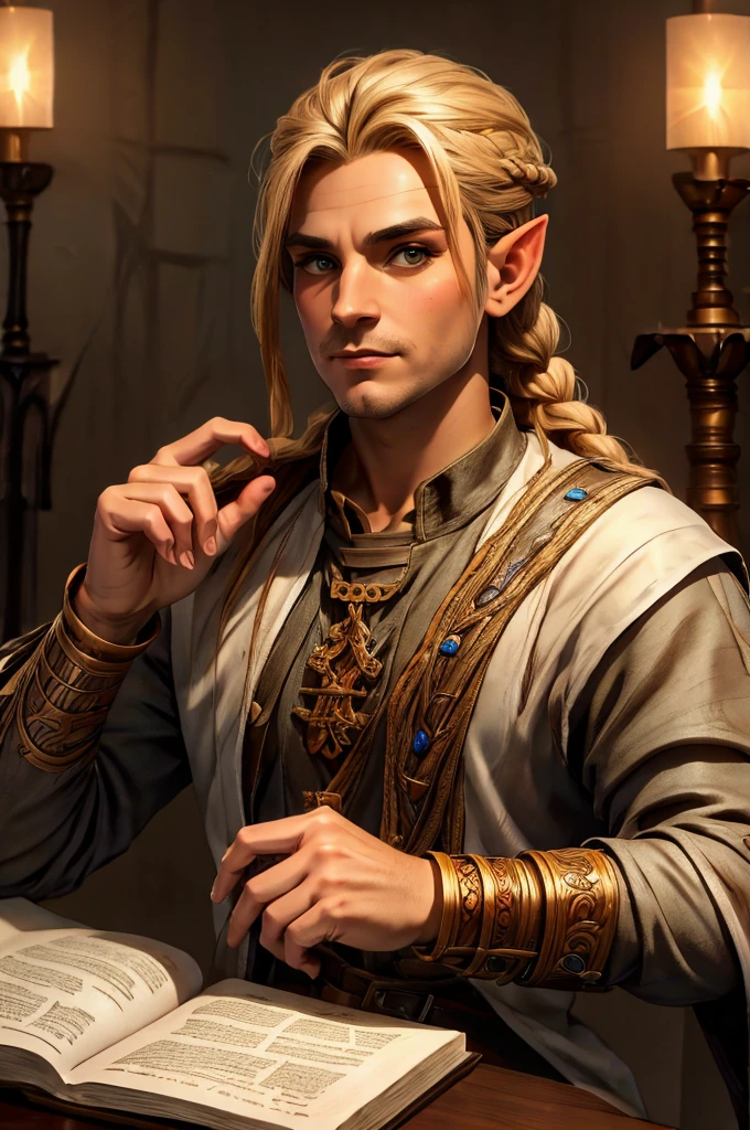 magical bracers, a large curved blade, hair braided, A sword on the wall behind him, a 40-year-old Male Elf is sitting behind a table filled with papers and open books the background an office or a library with lots of papers and maps on the wall. He is wearing a Taoist cleric robe. There is a sword on the wall behind him.
