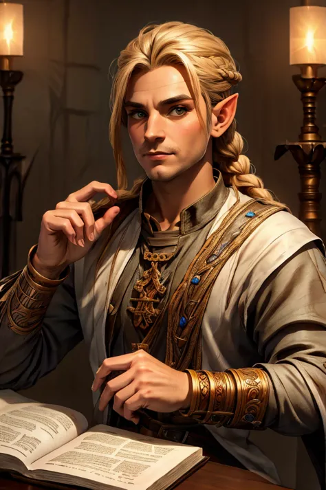 magical bracers, a large curved blade, hair braided, A sword on the wall behind him, a 40-year-old Male Elf is sitting behind a ...