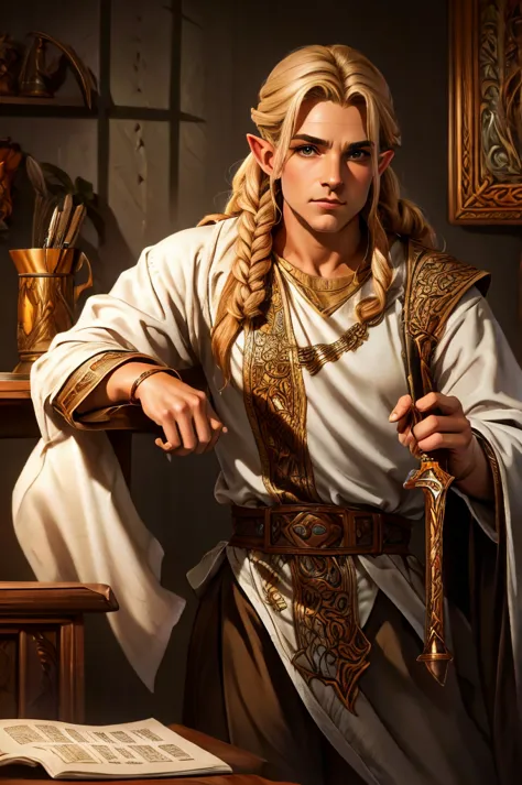 magical bracers, a large curved blade, hair braided, A sword on the wall behind him, a 40-year-old Male Elf is sitting behind a ...