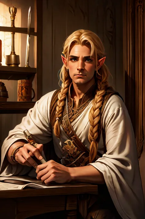 magical bracers, a large curved blade, hair braided, A sword on the wall behind him, a 40-year-old Male Elf is sitting behind a ...