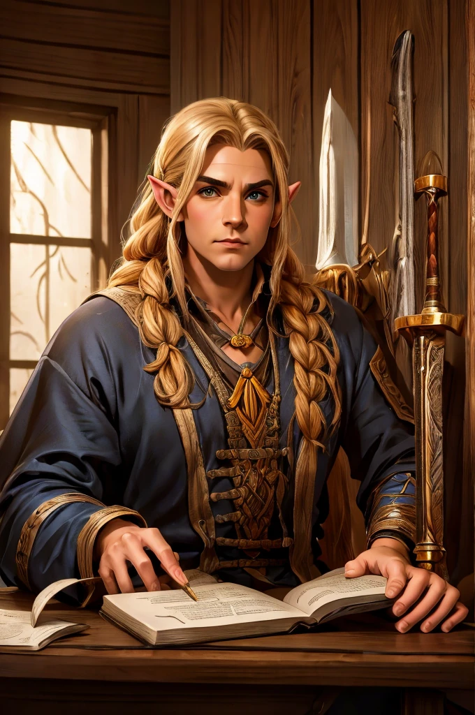 magical bracers, a large curved blade, hair braided, A sword on the wall behind him, a 40-year-old Male Elf is sitting behind a table filled with papers and open books the background an office or a library with lots of papers and maps on the wall. He is wearing a Taoist cleric robe. There is a sword on the wall behind him.
