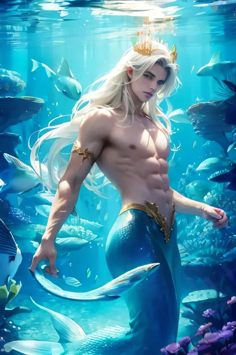 ((Best quality)), ((masterpiece)), 8k (detailed), ((perfect face)) ((halfbody)), perfect proporcions, He is a beautiful merman, ...