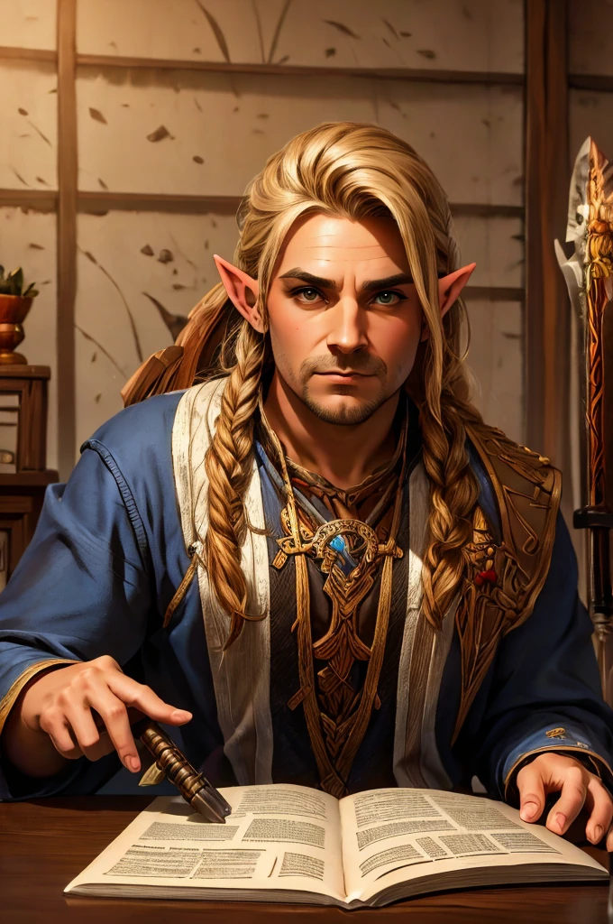 magical bracers, a large curved blade, hair braided, A sword on the wall behind him, a 40-year-old Male Elf is sitting behind a table filled with papers and open books the background an office or a library with lots of papers and maps on the wall. He is wearing a Taoist cleric robe. There is a sword on the wall behind him.
