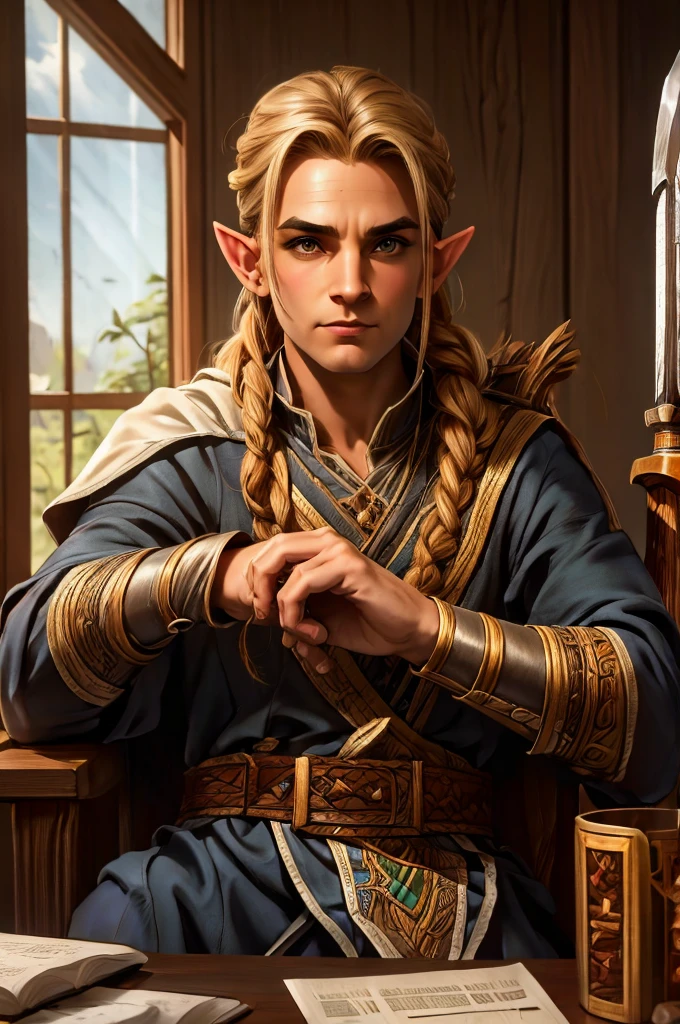 magical bracers, a large curved blade, hair braided, A sword on the wall behind him, a 40-year-old Male Elf is sitting behind a table filled with papers and open books the background an office or a library with lots of papers and maps on the wall. He is wearing a Taoist cleric robe. There is a sword on the wall behind him.
