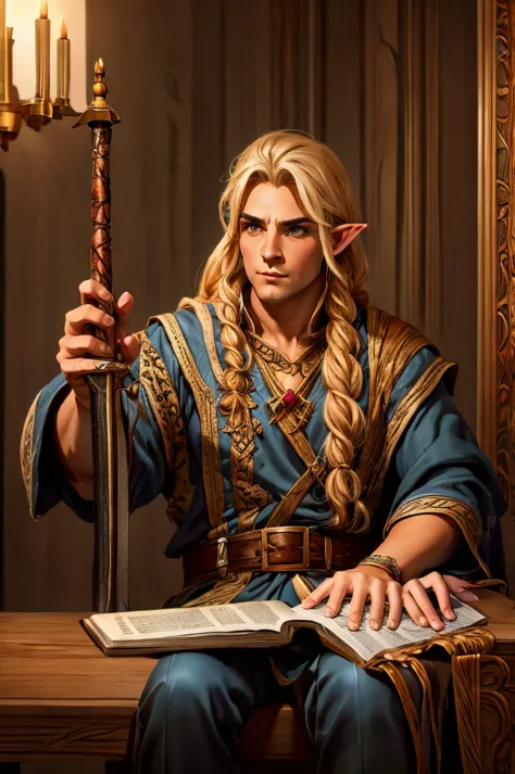 magical bracers, a large curved blade, hair braided, A sword on the wall behind him, a 40-year-old Male Elf is sitting behind a ...