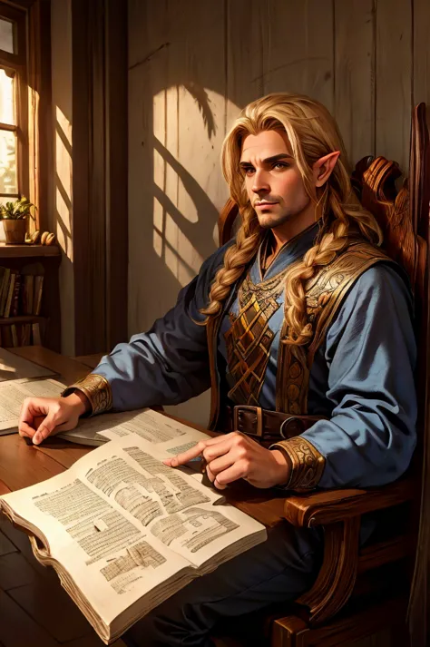 magical bracers, a large curved blade, hair braided, A sword on the wall behind him, a 40-year-old Male Elf is sitting behind a ...