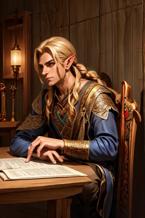 magical bracers, a large curved blade, hair braided, a sword on the wall behind him, a 40-year-old male elf is sitting behind a ...