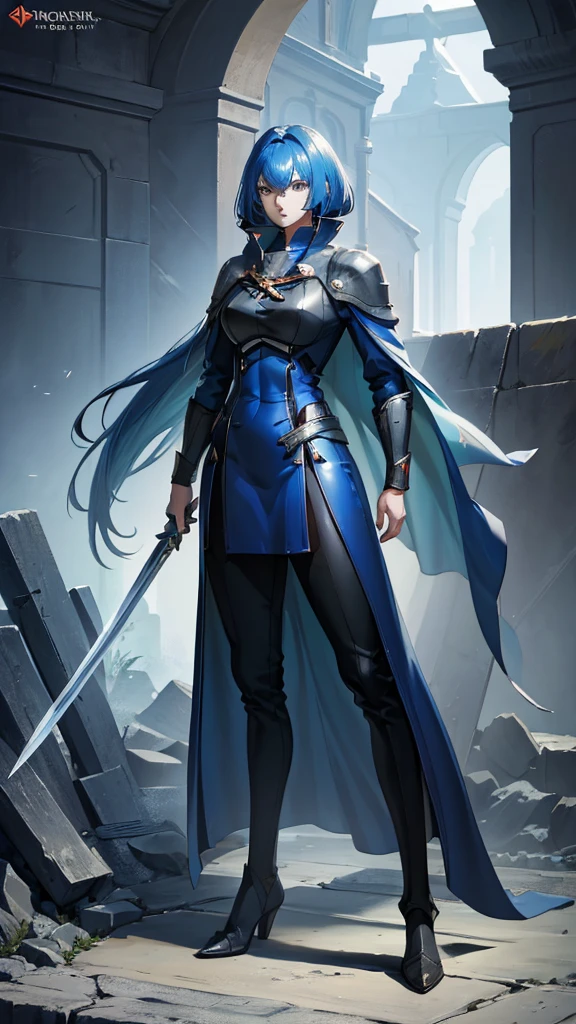 (傑作, 4K ,非常に詳細な:1.2), (アニメ:1), (完璧な品質), 全身側面図, 全身が映し出される, ビューアを表示, RPGキャラクター, 強力な戦士, 高い, 筋肉質, 剣を持っている, 青い髪, マントを着た人, ファンタジーキャラクターデザイン, 女性騎士, 英雄的ファンタジーキャラクターコンセプト, 女性キャラクター