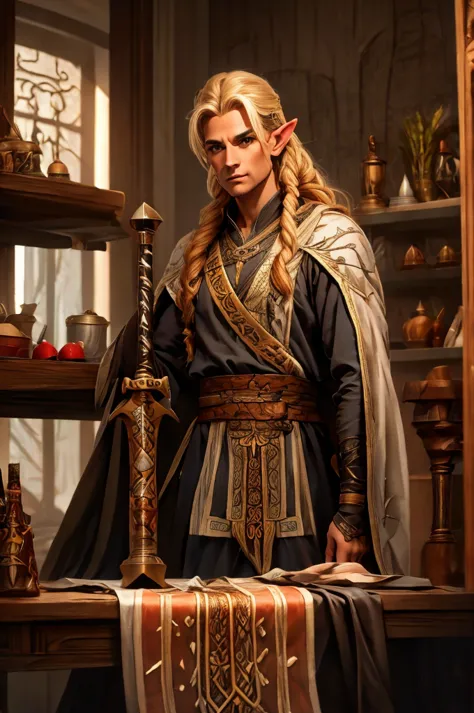 magical bracers, a large curved blade, hair braided, a sword on the wall behind him, a 40-year-old male elf is sitting behind a ...