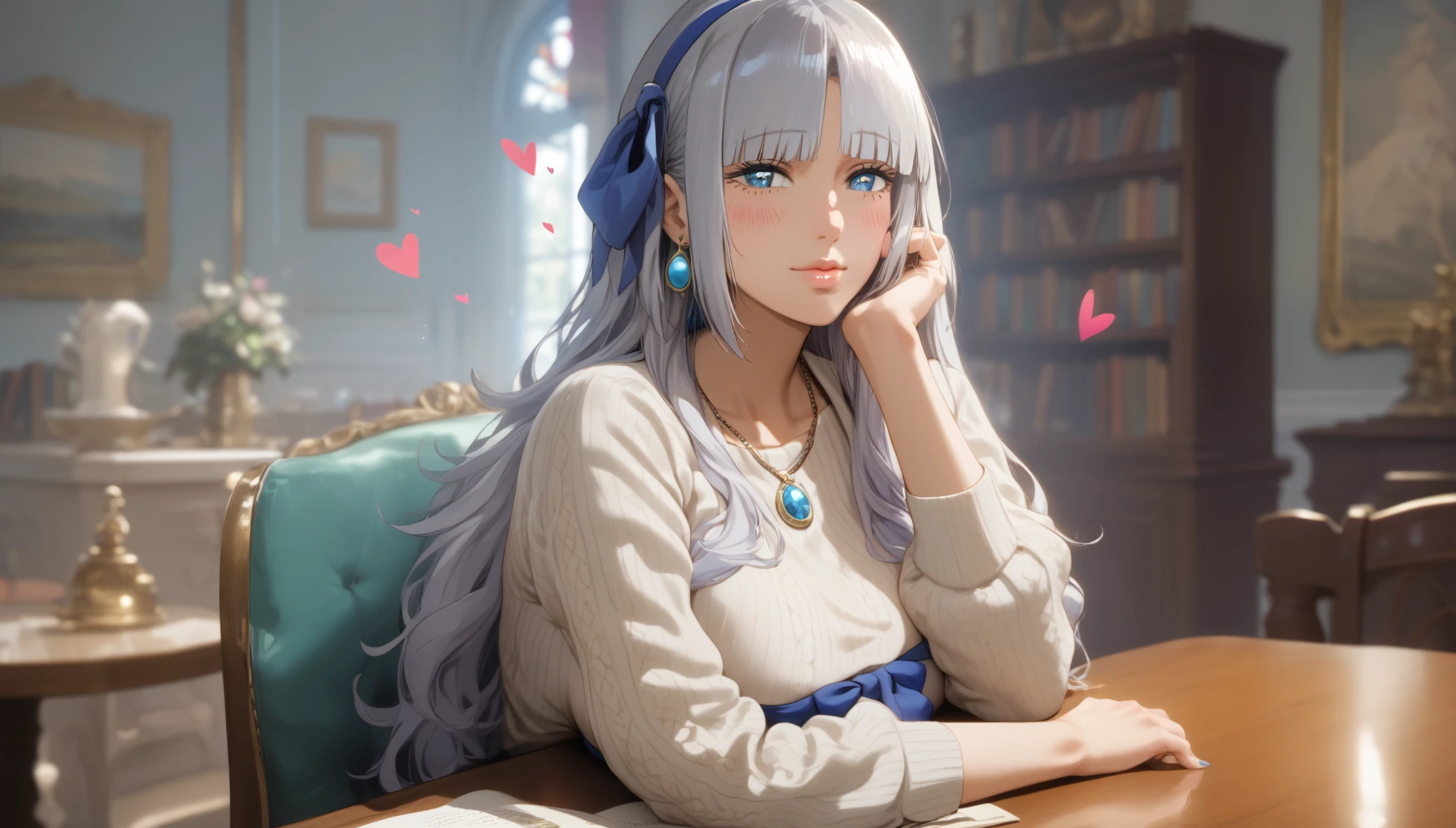 score_9, score_8_up, score_7_up, score_6_up, uncensored, mylene, long hair, silver hair, blue hairband, blue eyes, necklace, BREAK (masterpiece:1.2), best quality, high resolution, (detailed eyes:1.3), perfect lighting, (perfect hands, perfect anatomy), large breasts, hearts, pleasured, solo, blurry, 1girl, depth_of_field, earrings, blurry_background, breasts, jewelry, bookshelf, indoors, table, sweater, solo, looking_at_viewer, blurry_foreground, long_sleeves, closed_mouth, pantyhose, hand_on_own_cheek, breast_rest, ribbed_sweater