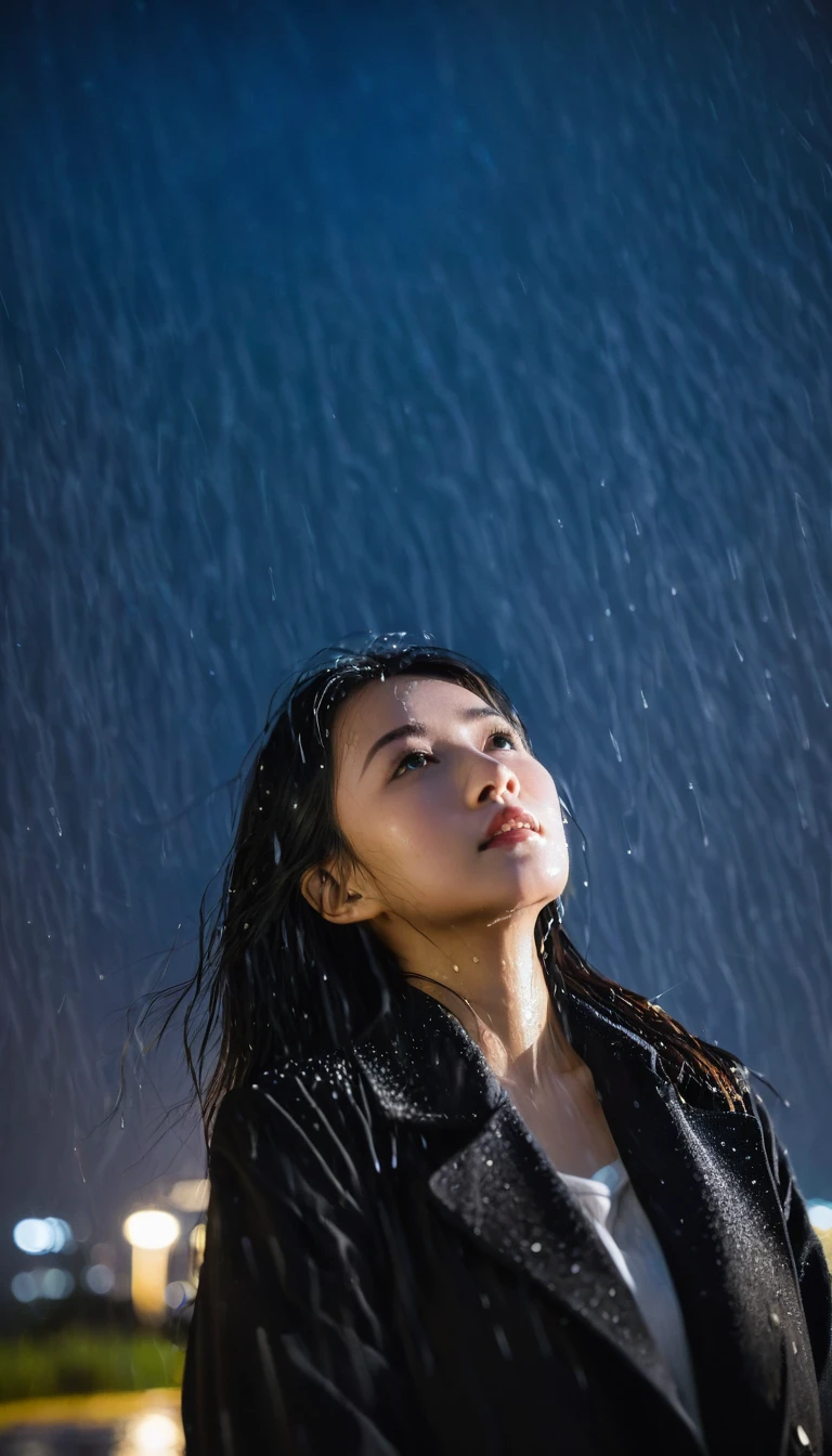 A low angle shot photo of an asian young woman looking at the camera, black coat, night, pouring heavy rain, long raindrops, long exposures, night sky background, raw photo, cinematic lighting 