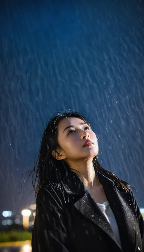 A low angle shot photo of an asian young woman looking at the camera, black coat, night, pouring heavy rain, long raindrops, lon...