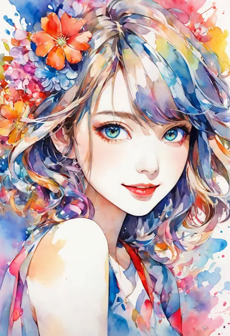 beautiful woman portrait, cute smile, sylvia pelissero watercolors, colorful flowers, beautiful eyes,  upper body, abstract art,...