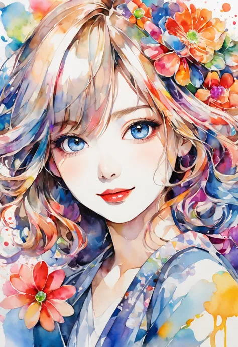 beautiful woman portrait, cute smile, sylvia pelissero watercolors, colorful flowers, beautiful eyes,  upper body, abstract art,...