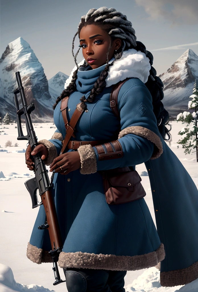 best quality,ultra-detailed,portrait, Teyonah Parris mixed with Joaquina Kalukango holding rifle, big woman, 3001bs, strong thighs, woolly braided hair, very dark skin, beautiful detailed blue eyes, beautiful detailed lips, detailed long woolly braided hair, winter coat, cold icy atmosphere, blood in the snow, frosty landscape, dark winter night, snowy ground, distant mountains, snow-covered trees, steely expression, sharp focus on the rifle, metallic texture,crisp, high contrast, cool color tones,dramatic lighting