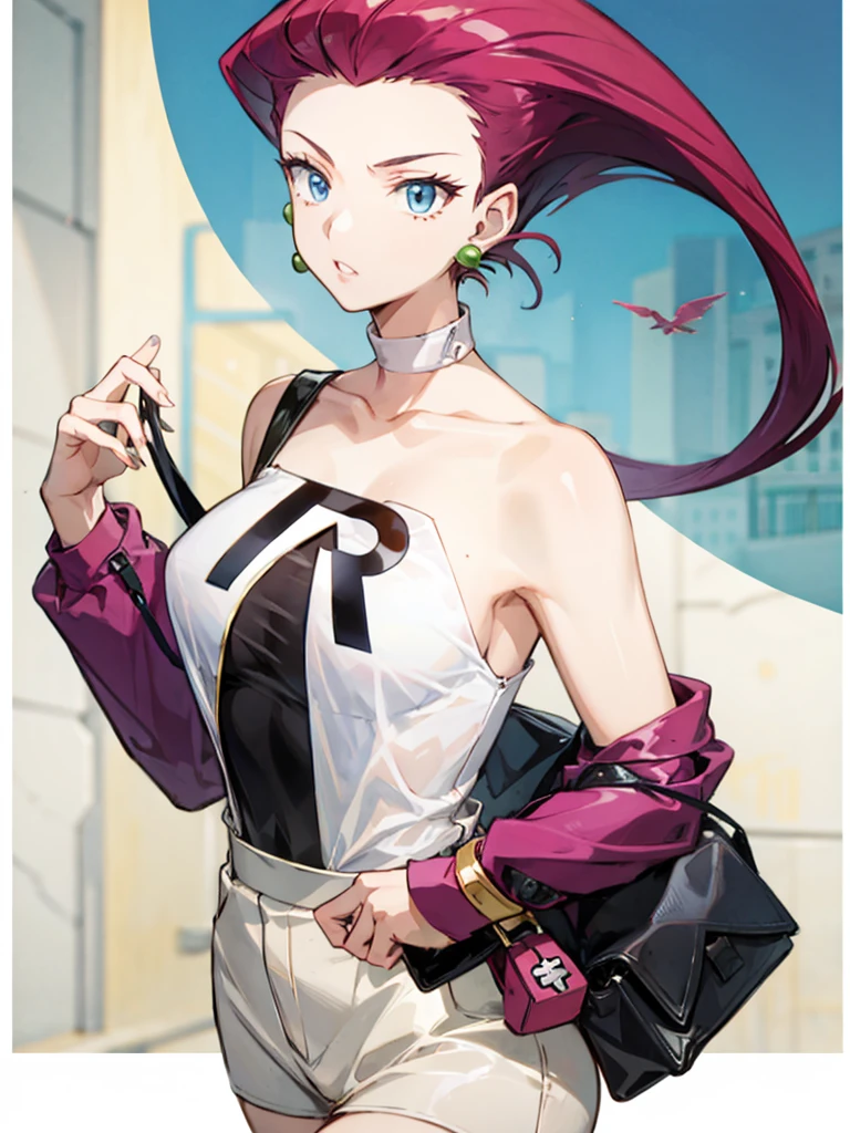 Jessie Pokemon, jewelry, Official Art,(Team Rocket Uniform) , blue eyes,   One girl,  Purple Hair, Earrings, clavicle, I slicked my hair back., Part your lips, Blurred Background, Big Breasts