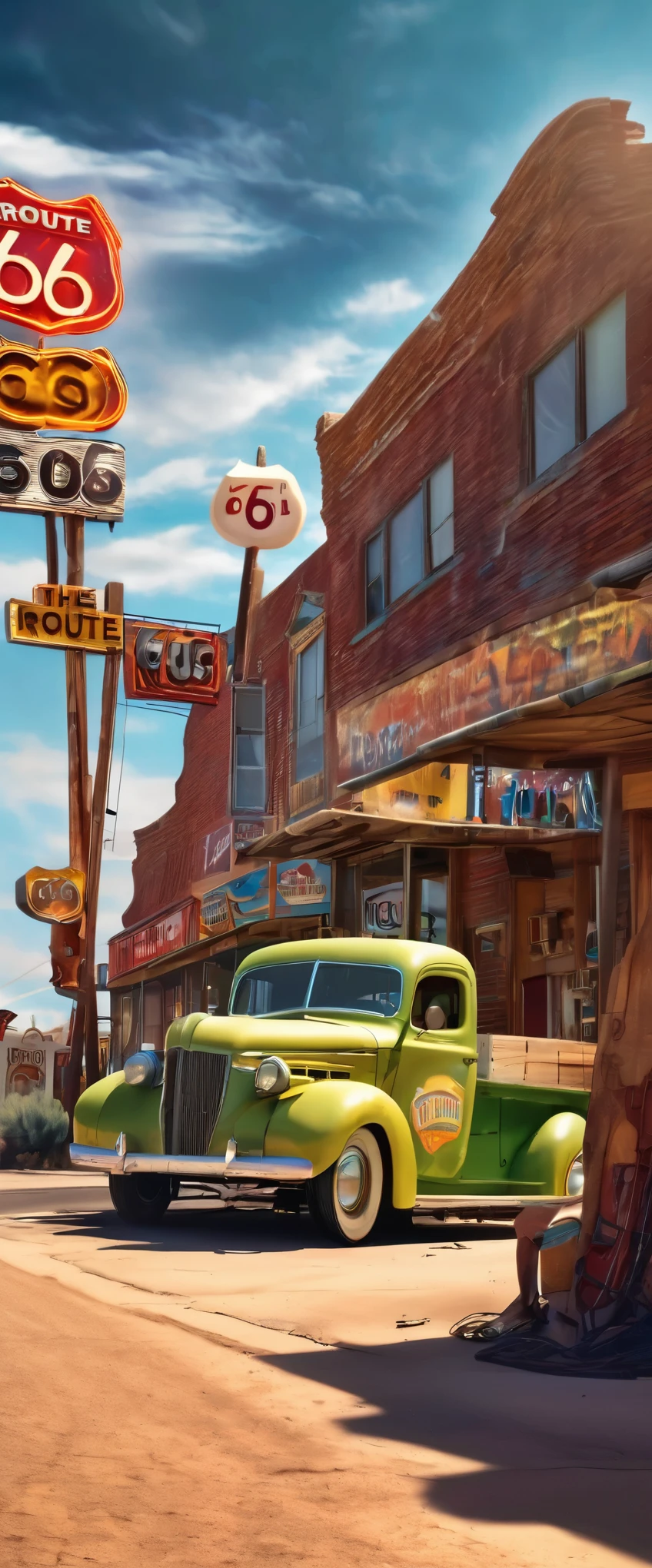 ((Ein Mann trampt entlang der Route 66 in der US-Wüste:1.5)), ((Epische Landschaft, klassische Route 66-Läden am Highway, 1960er Jahre:1.4)), Leuchtreklamen: 1.3, detaillierte realistische Kinobeleuchtung, sehr detailliert, 8k, fotorealistisch, exquisite Komposition, lebendige Farben, dramatische Beleuchtung, komplizierte Details, dramatische Wolken, Dramatische Schatten, dramatische Tiefenschärfe, dramatische Atmosphäre, dramatische Farben, dramatische Texturen, Dramatische Perspektive, komposition dramatisch