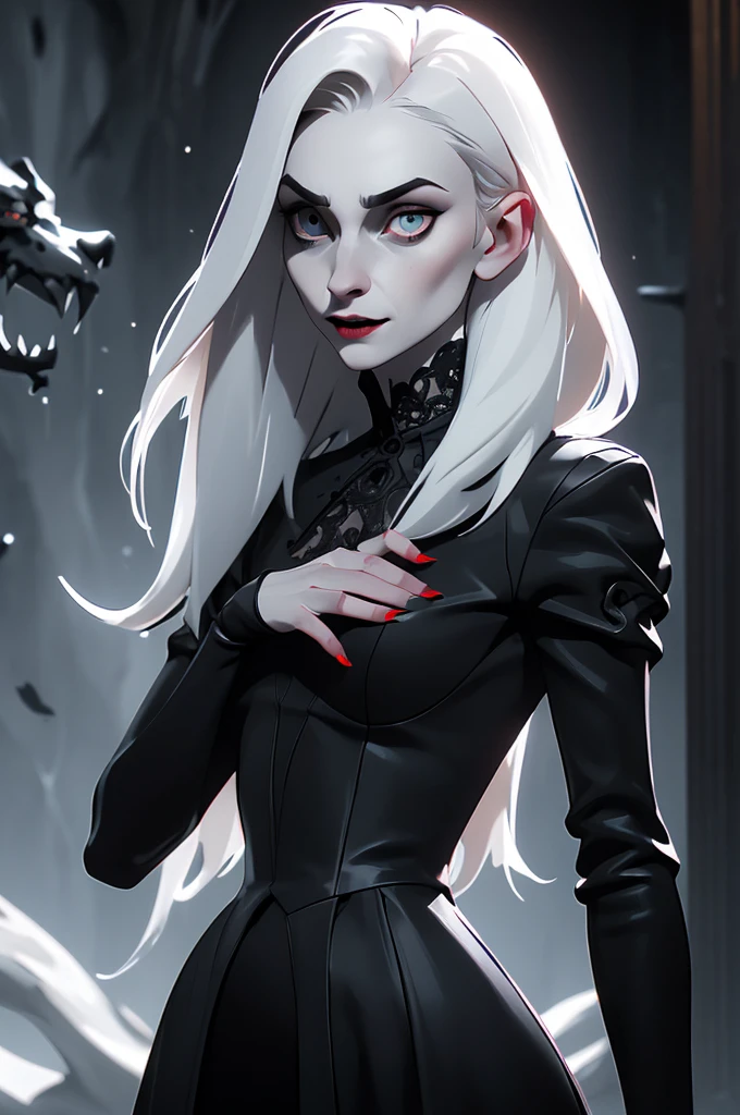 female vampire|albino,pale porcelain skin, vintage black dress, smile, the growling wolf, shallow depth of field, sadistic, nightfall, detailed face, night,wide hips,narrow waist,detailed eyes, portrait of woman standing,8k RAW photo, highest quality, (looking at the viewer:1.3), best shadow, intricate details, (bold hair:1.3),(bright eyes),forest, grave,gothic,goth,(thunder-storm:1.2),((intricate details)), detailed eyes, (hdr:1,2), ((intricate details, hyperdetailed)), half black hair, half white hair