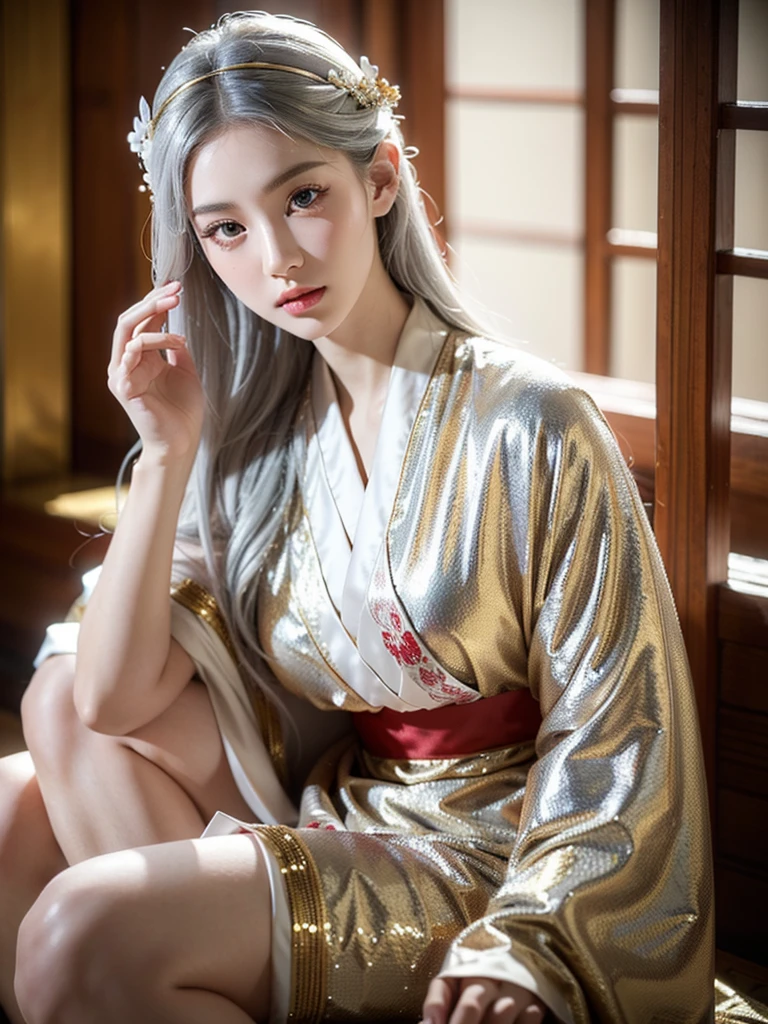 beautiful detailed eyes, beautiful detailed lips, extremely detailed eyes and face, long eyelashes, 1girl, silver hair, pale skin, flawless skin, red and white kimono, ornaments, Ancient temple, dramatic lighting, ethereal, elegant, Serene, vibrant colors, glowing skin, delicate features, intricate details, (best quality,8K,highres,masterpiece:1.2),ultra-detailed,(realistic,photorealistic,photo-realistic:1.37)、Korean national costume、Golden ornaments、ancient ruins、ancient creature