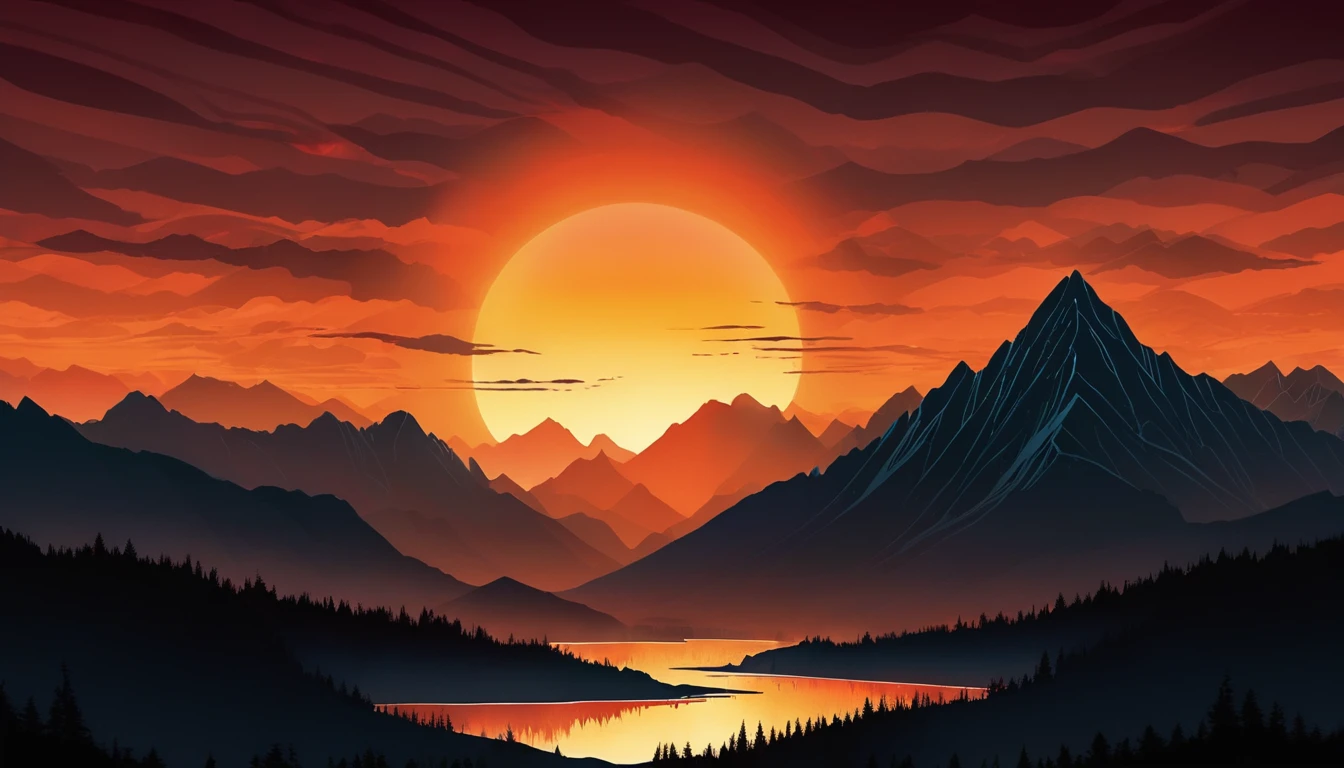 A stunning digital artwork featuring a mountain landscape at sunset. The prominent mountain range exhibits intricate, flowing line patterns in shades of black and white, with dramatic peaks and valleys. The large, glowing orange sun sets behind the mountains, its rays accentuated by horizontal lines that contrast with the dark silhouette. The sky transitions from deep red at the horizon to dark black at the top, creating a stunning gradient effect. The lower part of the image includes a dark forest silhouette, with subtle blue hues adding depth and dimension to the landscape. The overall style is detailed and abstract, showcasing bold contrast, smooth lines, and an artistic interpretation of a breathtaking sunset scene., illustration