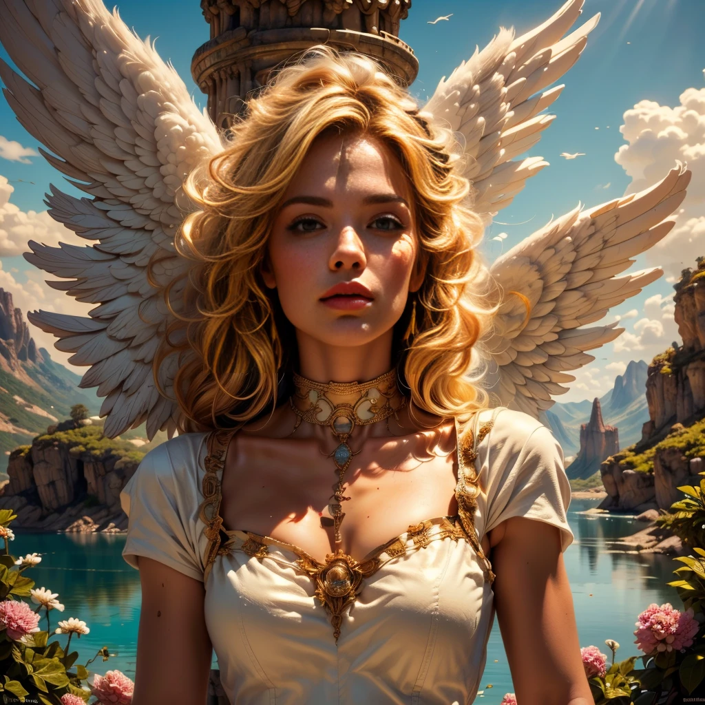 (cowboy Shoty:1.5), halo above head_aureola, solo highly detailed and beautiful angel,(Center of angel's body_Symmetrical_White color_Delicately detailed angel wings:1.6),Exquisite and detailed facial features,(Beautiful blonde curly hair:1.4),Highly detailed face and hair,Long eyelashes,Beautifully detailed eyes,Beautifully detailed lips,Thin translucent flowing_White_elegant dress,Glowing aura,Stunning landscape of heavenly scenery,Rolling hills,Lush meadows and sparkling lake,(Highest quality,4k,8k,High resolution,Masterpiece:1.2),Ultra detailed,(Realistic,Photorealistic,Photorealistic:1.37),HDR,UHD,Studio lighting,Ultra fine painting,Sharp focus,Physically based rendering,Extreme detail description,Professional,Vivid colors,Bokeh,Scenery,Peaceful,Idyllic,Golden hour lighting,Dramatic sky,Fluffy clouds,Reflecting lake,Vibrant greenery,Wildflowers,Ancient castle,Medieval architectur