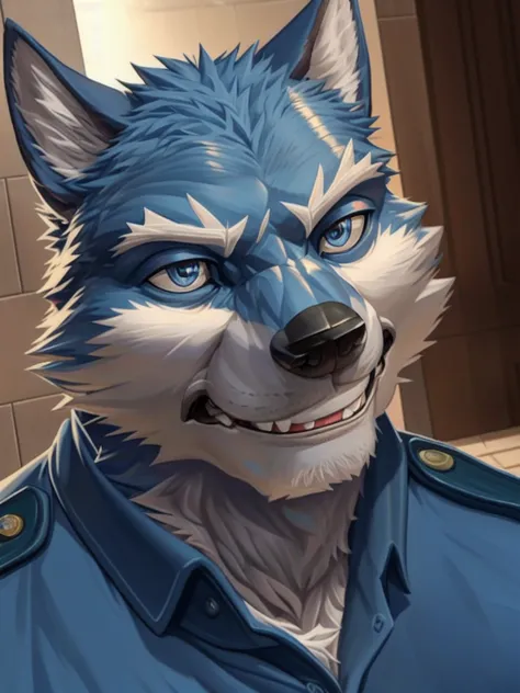 ((solo, one man, 1man)), muscular man wear working as police, police uniform, furry, an anthro (wolf), an anthto, a old man big ...